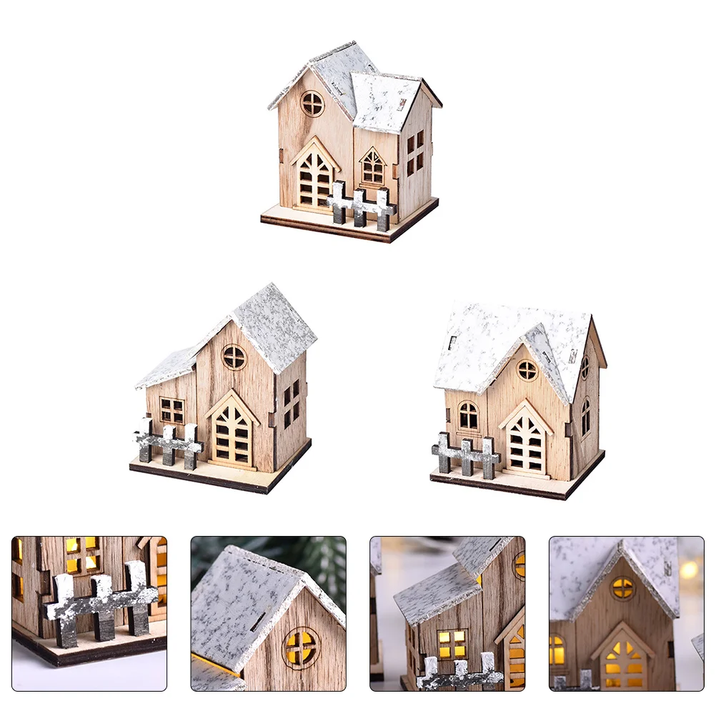 

3 Pcs Crafts Christmas Wooden Xmas Desktop Ornament Puzzle Christmas Village Luminous Houses Scene Adornment Ornament