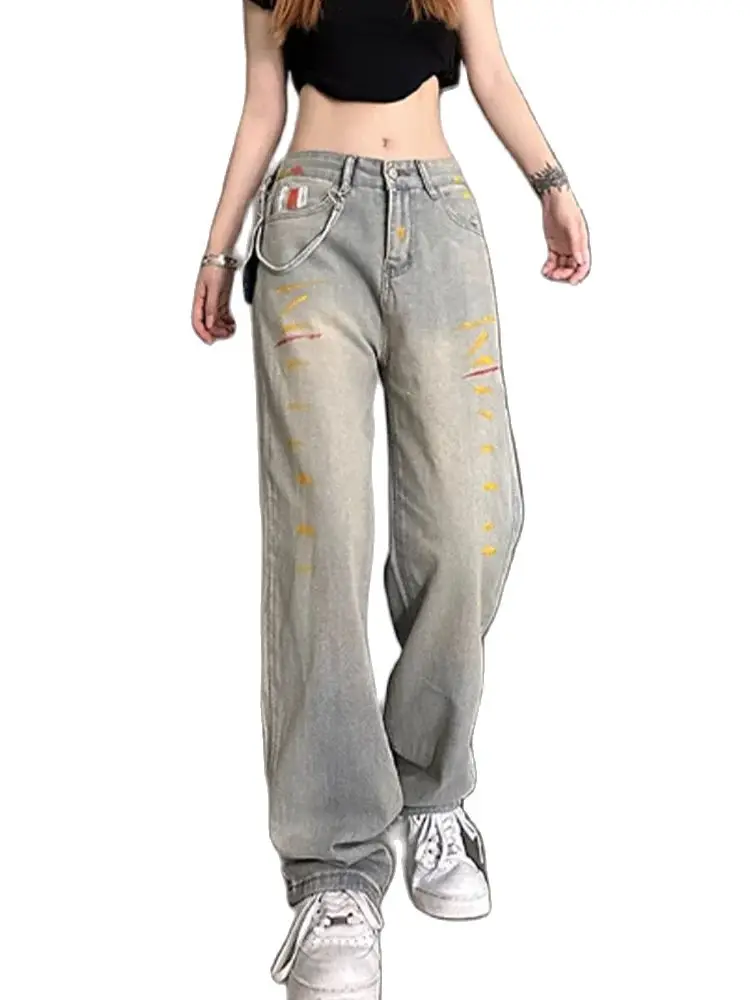 

Женские модные синие джинсы 2024, дизайнерские универсальные джинсы с высокой талией, женские широкие мешковатые джинсы с высокой талией