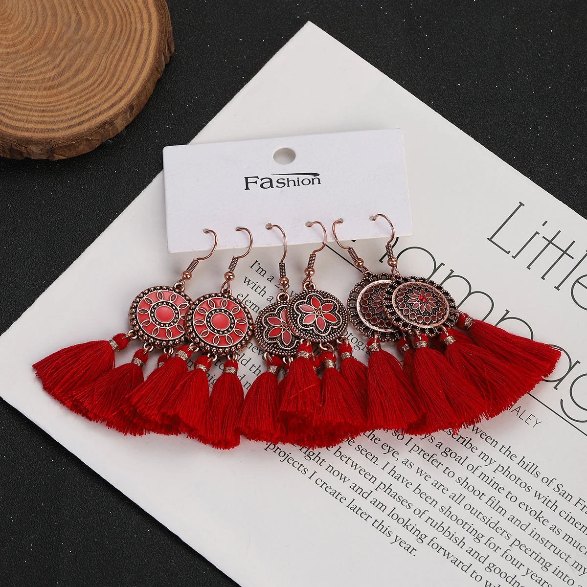 Bohemia Vintage Red Flower Earring Set Women's Ethnic Antique Gold Color Round Tassel Earrings Girls Wedding Party Jewelry