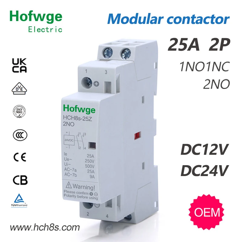 Contator Doméstico Automático tipo Trilho Ruído Contator de Hch8s25z dc Bobina Dc24v dc 12v 2p 25a 16a 2no 1no1nc