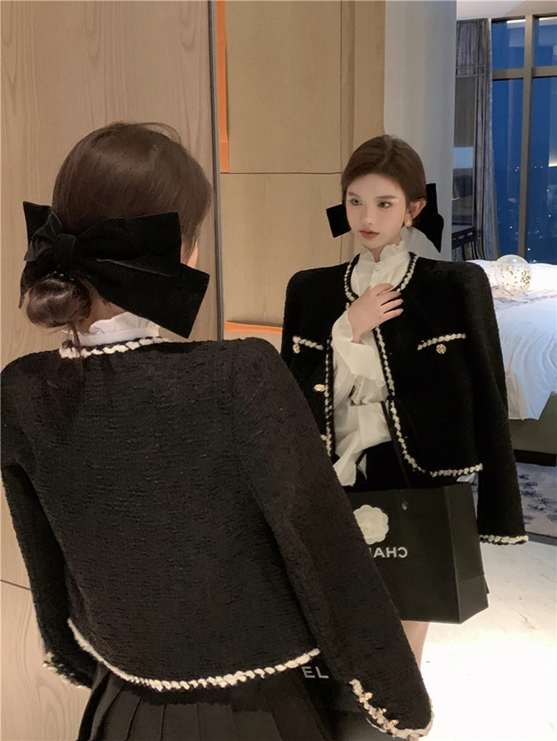Vintage Tweed Jackets Women Elegant Black Cropped Suit Coat Korean Thicken Blazer Single Breasted Short Outerwear Tops New