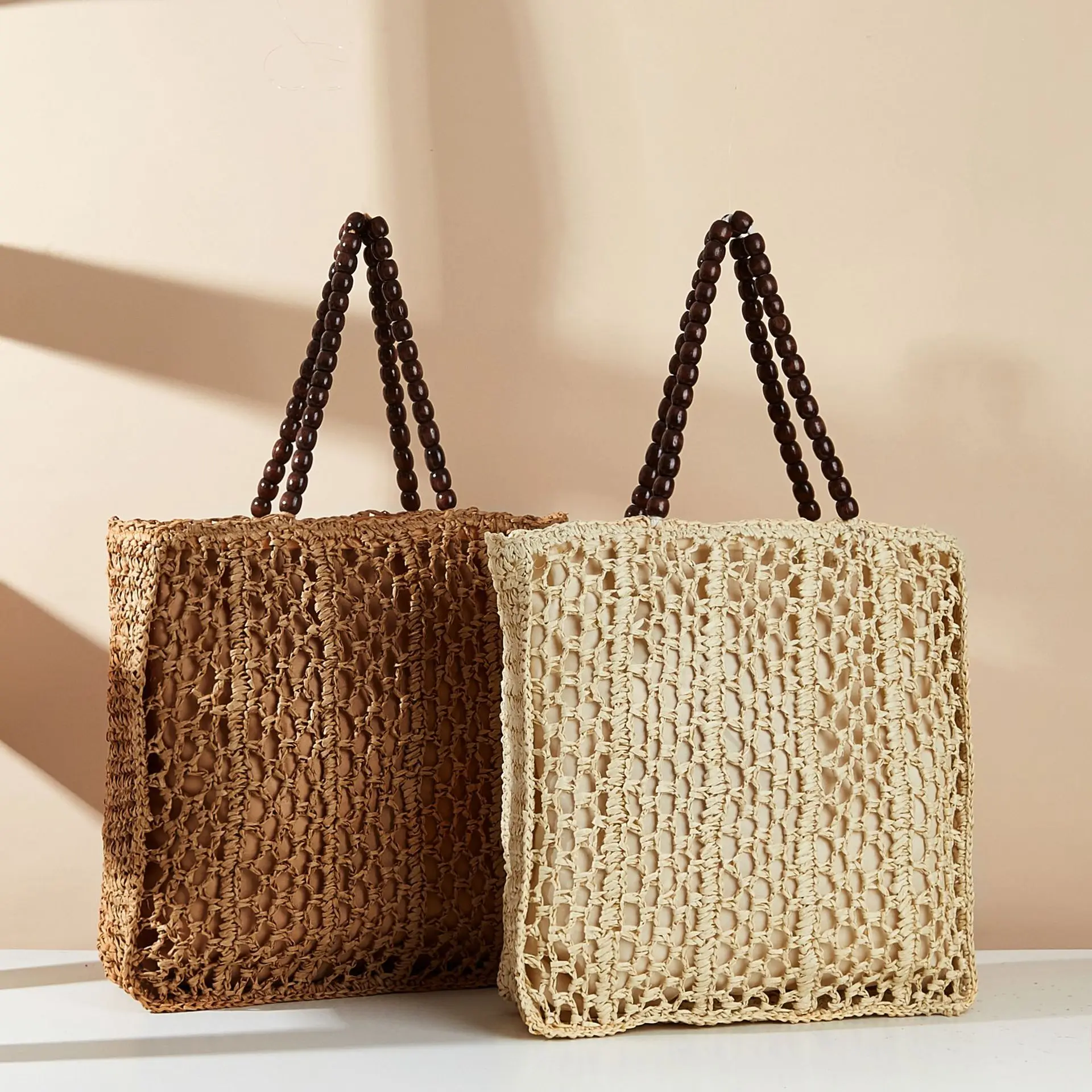 Wooden Beaded Tote Bag Hollow Crochet Shoulder Bag Handmade Knitting Travel Beach Bags Handbags Paper Rope Woven Straw Bags 2024