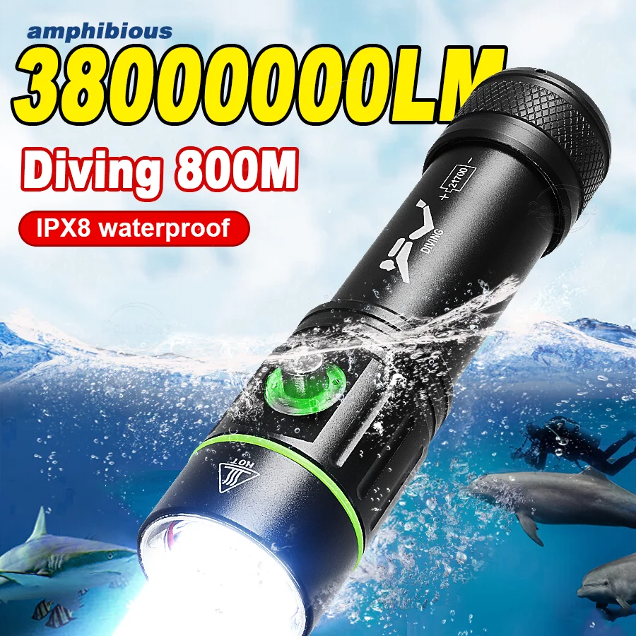 3800000LM 강력한 다이빙 손전등 IPX8 방수 램프 전문 스쿠버 다이빙 토치 800M 고출력 LED 손전등 18650 수중비디오라이트 수중랜턴 어항 조명 갈치낚시 채비 해루질 수중 써치라이트 어항조명