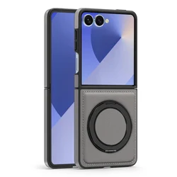 Premium PU Leather Magnetic Case with 360° Rotation Ring Stand Cover for Galaxy Z Flip 7 (Gray)