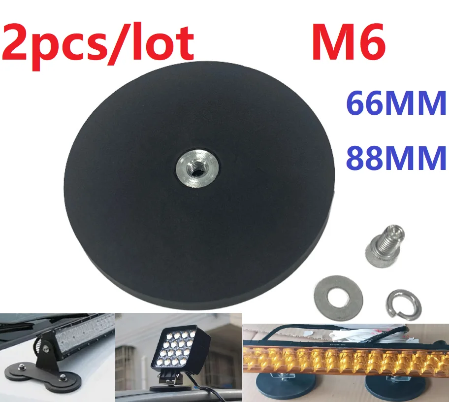 2 Stück 66mm 88mm M6 Gummimagnete mit Innengewinde, Starker Magnetfuß mit Schraube und Unterlegscheibe für LED-Arbeitsleuchtenhalter SUV Offroad – Detail 1