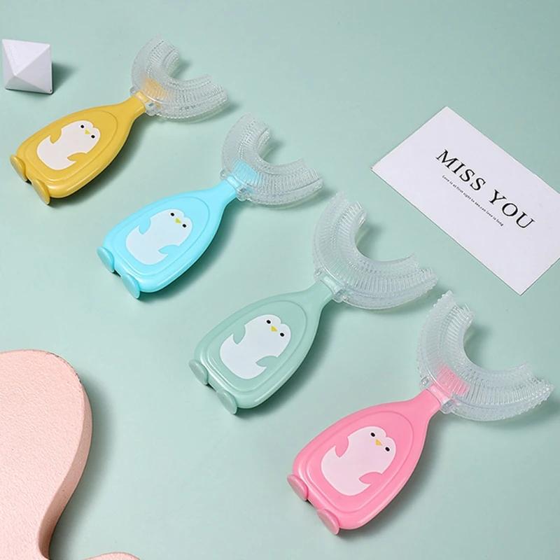 Cartoon Penguin Baby Children Manual Toothbrush 360 Degree U-shaped Toothbrush Teether Soft Silicone Baby Teeth Brush