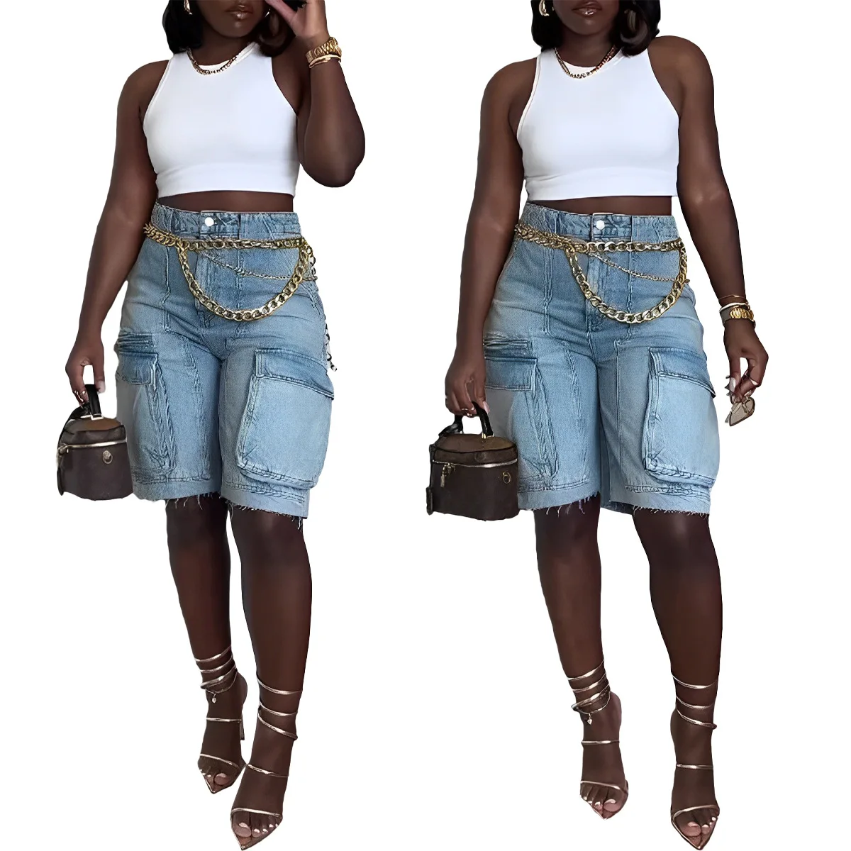 

Summer Women Jeans Shorts Distressed Mid Waist Washing Denim Solid Sexy Pockets Slim Fit High Street Spliced Knee Length 2024