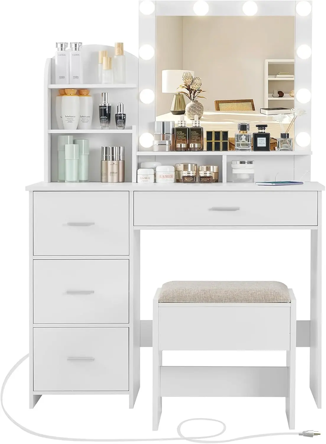 Makeup Vanity with 10 Light Bulbs and Charging Station Vanity Desk with Lighted Mirror & 4 Drawers Chest Set items makeup dressing table box container drawer nordic organizer woman coiffeuse dressers