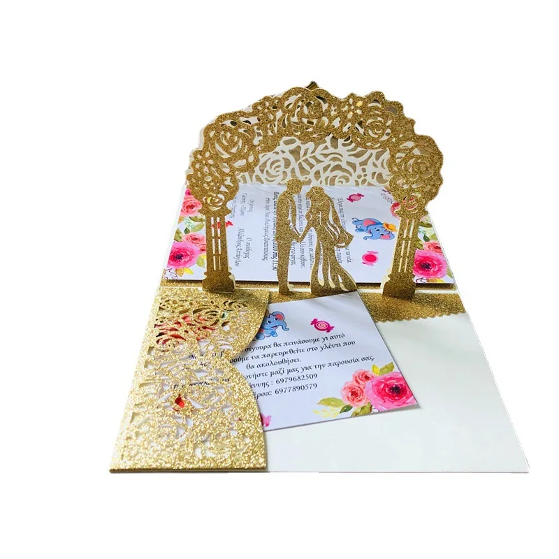Description Picture 5 of item3D Bride and Groom Rose Gold Pop Up Wedding Invitations Laser Cut Greeting Cards Envelope Bridal Shower Invitation Cards