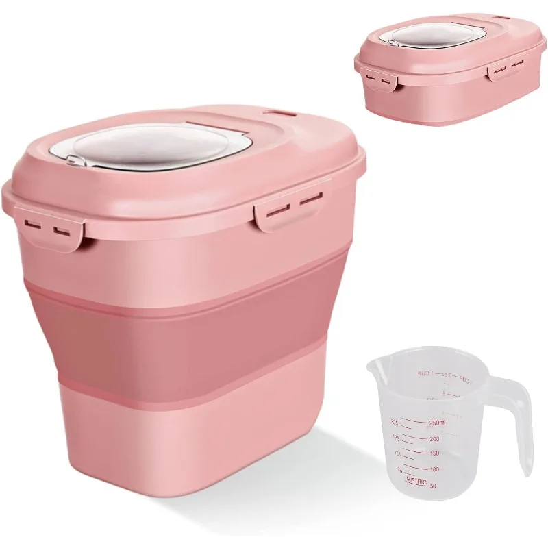 Cereal Rice Food Storage Containers, Collapsible 20 to 50 Lbs Dispenser Bin with Rolling Wheel Airtight Locking Lid,