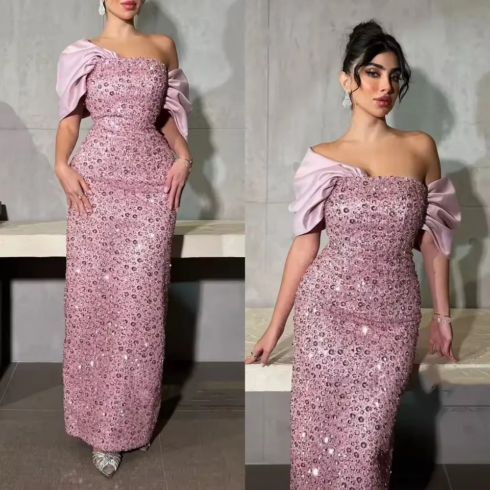 فساتين سهرة كلاسيكية بالترتر الوردي للنساء بدون أك...