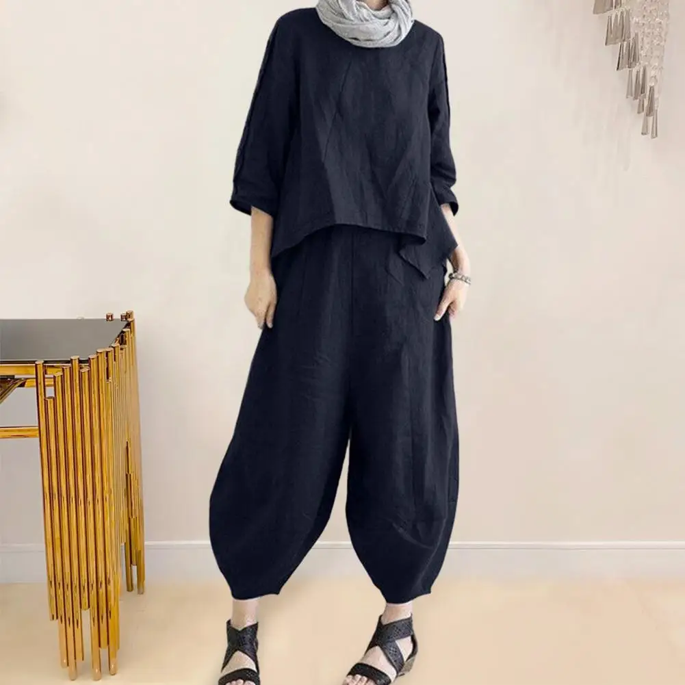 

Three-quarter Sleeve Pants Suit Women's 2-piece Solid Color Top Harem Trousers Set with Irregular Hem Elastic Waist for Soft