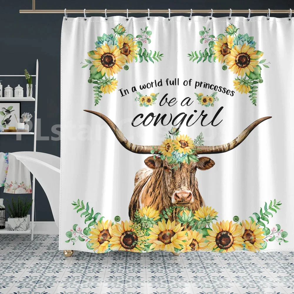 

TX Longhorn Be A Cowgirl Shower Curtain 3D Printed Bathroom Curtains with Hooks Funny Animal Shower Curtain