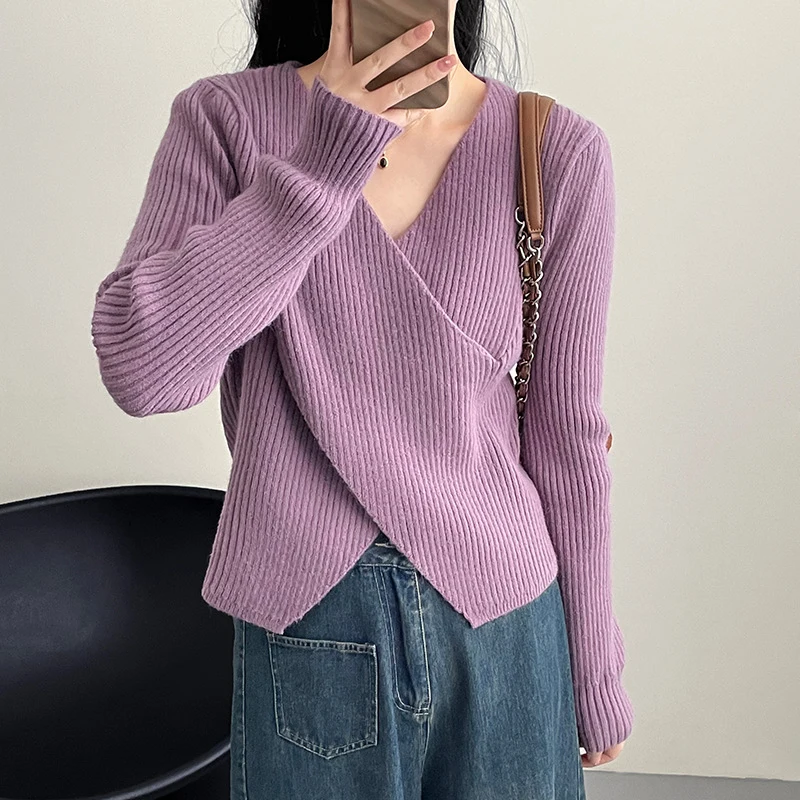 

Женский осенний свитер с V-образным вырезом и пуловеры, розовые вязаные женские пуловеры с длинным рукавом, женский джемпер, женские топы, 2023