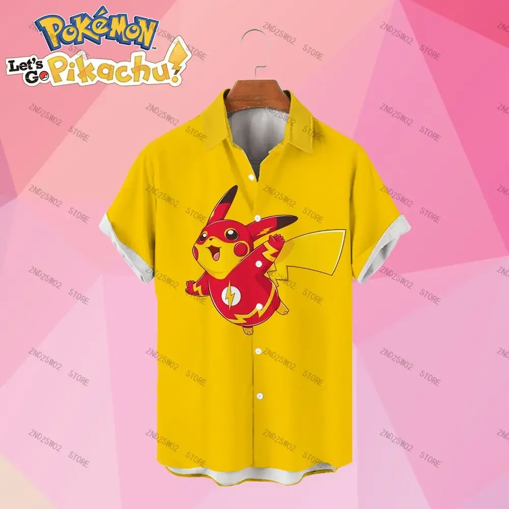 Pok&eacute;mon Men's Shirts Pikachu Couples Dress Summer Cartoon Short Sleeve Anime New Women's Blouse HD Print Social Shirt Fashion