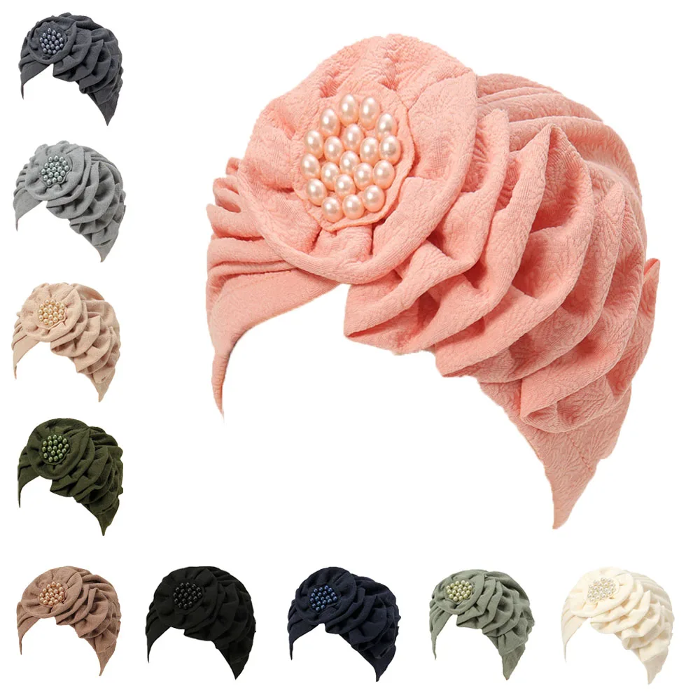2024 Solid Pearl Flowers Ruffle Muslim Turban Sciarpa Donna Islamic Inner Hijab Caps Arab Wrap Head Femme Musulman Turbante Mujer