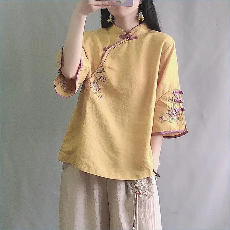 Multicolor Seven Quarter Ladies' Cotton Linen Shirt Blouse Chinese Traditional Women's Formal Top Ttang Costume Hanfu E920