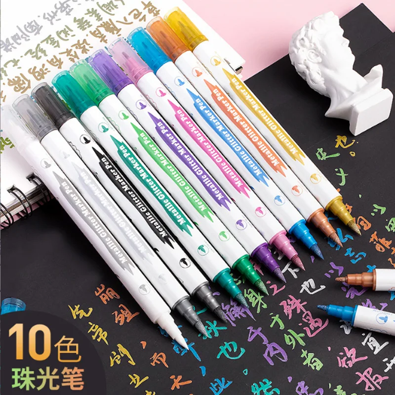 10 Colors Dual Metallic Brush Pen Set Paint Marker Drawing Kawaii Scrapbook Colroing for Glass Painting Pens School Art Supplies