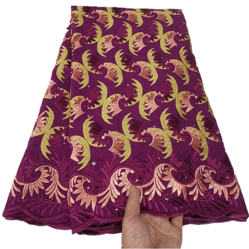 

African Swiss Voile Lace Cotton Fabrics for Women, Gold Embroidery, High Quality, 5 Yards