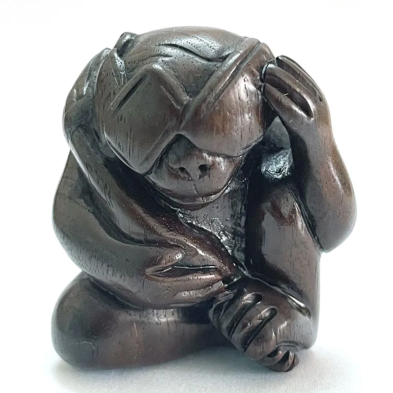 

2 INCH Japanese Ebony Ironwood Hand Carved Netsuke Sculpture Miniature Monkey with Sunglasses - #ZY079