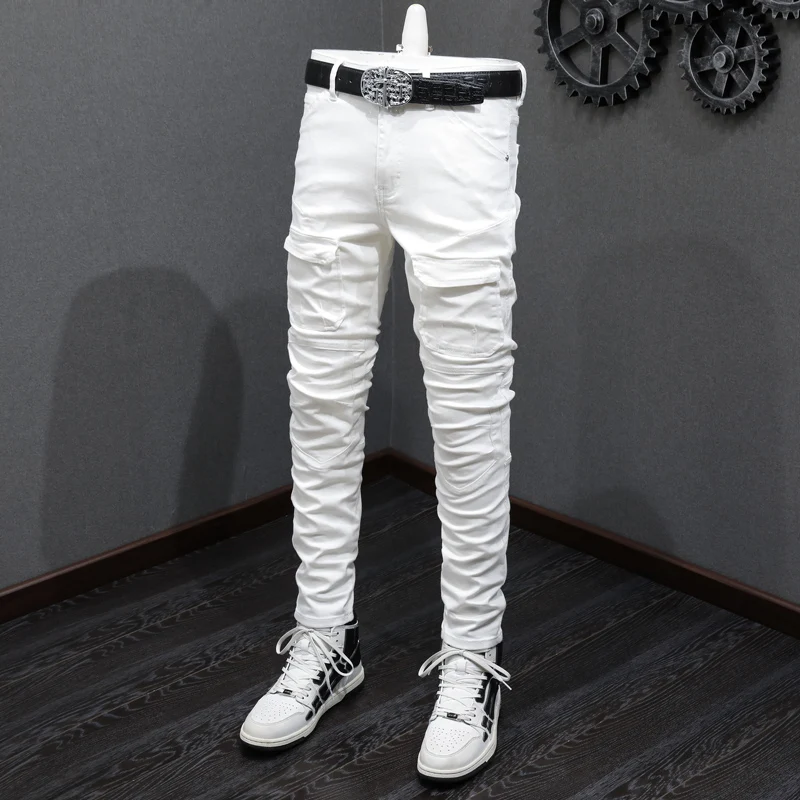 High Street Fashion Men Jeans White Elastic Stretch Skinny Fit Biker Jeans Homme Pocket Patched Designer Hip Hop Denim Pants Men