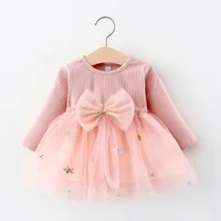 Girls' Long Sleeved Dress Spring And Autumn Bow Glittering Mesh Spliced Knitted Princess Party Birthday Dress 1