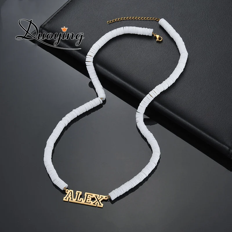 Duoying Personalized Soft Pottery Beaded Name Necklace, Nameplate Bracelet Stainlee steel Custom Necklace Bracelet Jewerly Set