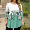 Ladie's Retro Floral Print Long Sleeve Tops Plus Size 3/4 Sleeve Curved Hem O Neck Fashion T-shirt Spring Casual Pullover Top