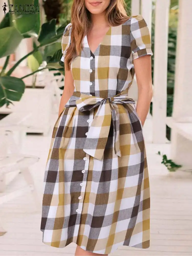 

ZANZEA Fashion Women Buttons Robes Pink Checked Dress 2023 Summer Puff Sleeve Belted Knee-length Dress Elegant Plaid Vestidos