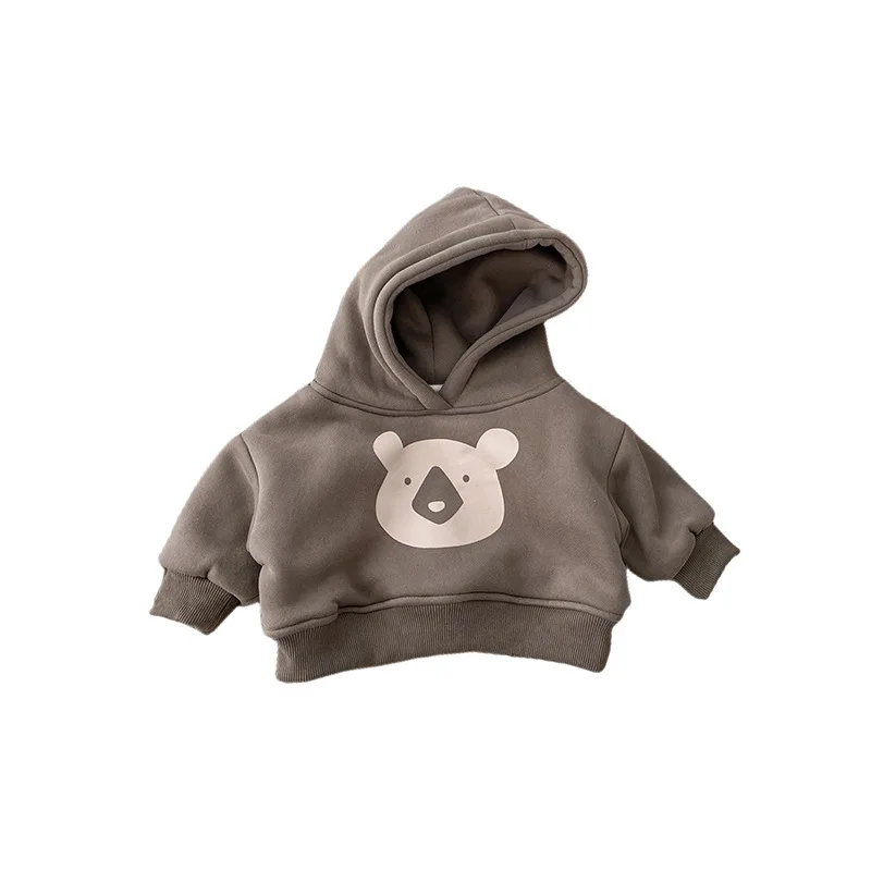 2024 Winter New Baby Fleece Hooded Sweatshirt Cotton Infant Casual Pullover Plus Velvet Thick Toddler Cartoon Bear Warm Hoodie
