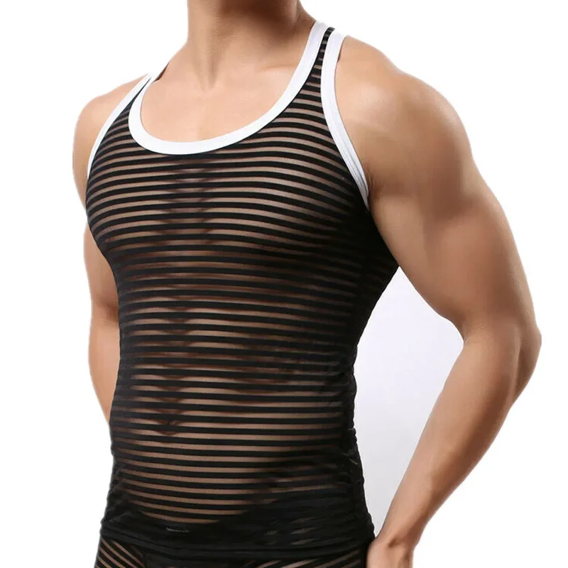 Mens Undershirts Sleeveless T-shirts Tank Tops Sportswear Vest See Through Striped Transparent men underwear