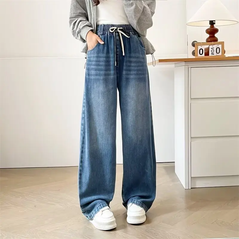 XXXXL Fashion Plus Size Women's Straight Jeans 2025 Autumn Casual Two Color Drawstring Waist Wide Leg Full Length Pants 774