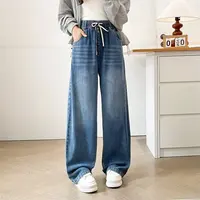 XXXXL Fashion Plus Size Women's Straight Jeans 2025 Autumn Casual Two Color Drawstring Waist Wide Leg Full Length Pants 774 - Image 2