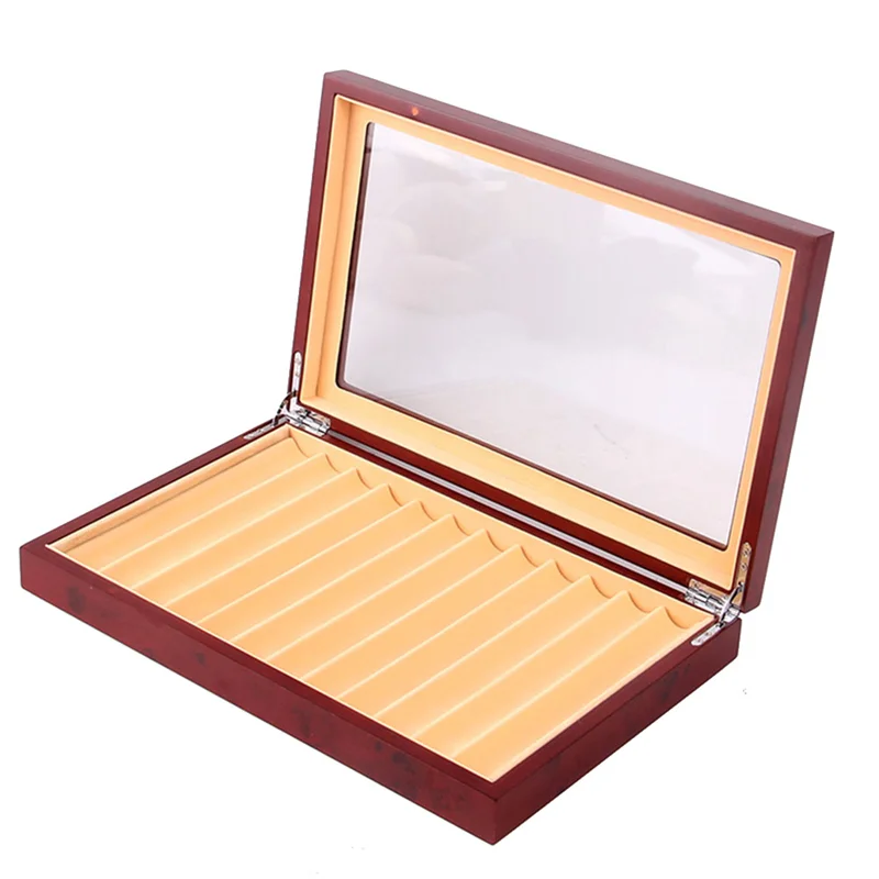 

12 Grid Wooden Pen Display Case Storage Luxury Fountain Case Transparent Window Pen Box-Collection Organizer Red