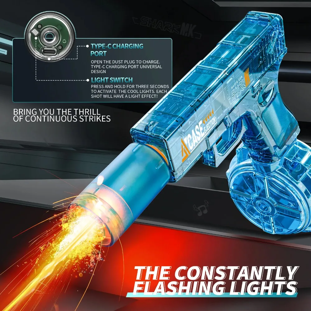 LED 조명이 있는 완전 자동 전기 물총, 성인 및 어린이용 여름 장난감, 해변 수영장 야외용 고압 물총