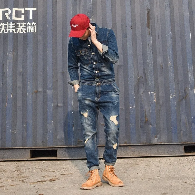 Korean Men Fashion Onesies Suspender Trousers Japanese Retro Casual Jumpsuit Male Slim Denim Jackets Overcoat