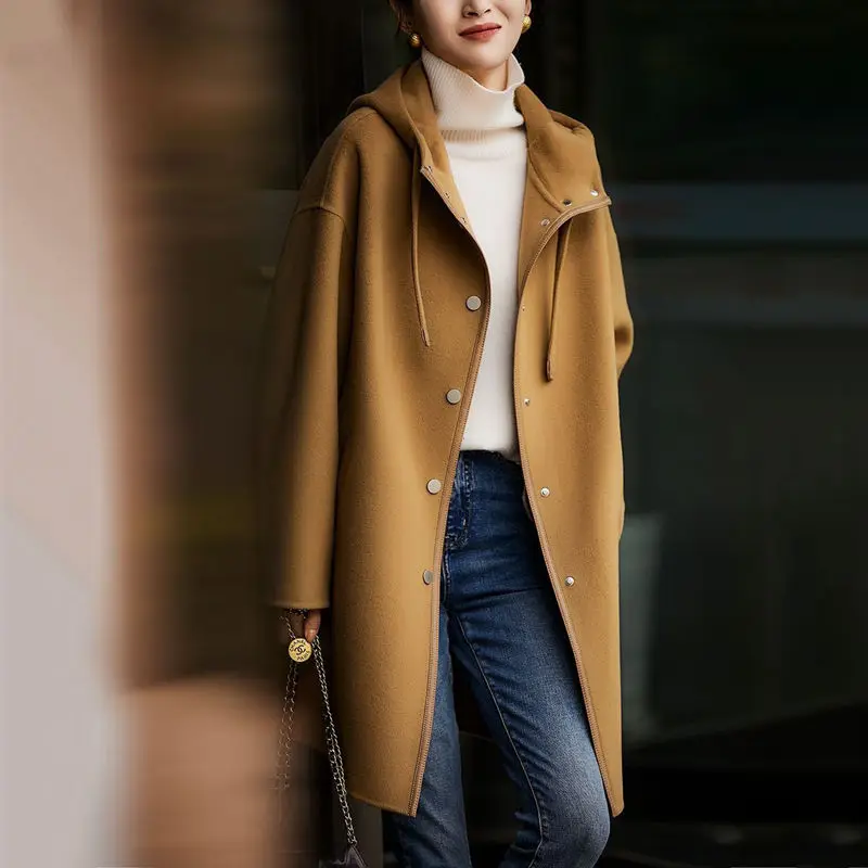 

SuperAen 2024 Autumn/Winter New Fashion Korean Casual Versatile Hooded Panel Long Sleeved Woolen Coat