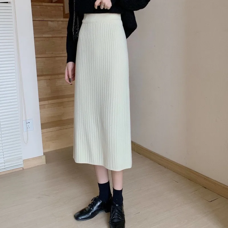 Black Knitted Women's Small Slit Office Lady Sheath High Waist A- line Midi Wool Skirt