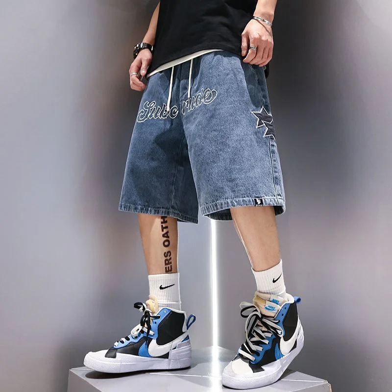 Women's Loose High Street Sports Pants, Women's Short Jeans, American Style, Embroidery, Denim, Y2k Clothing, Summer