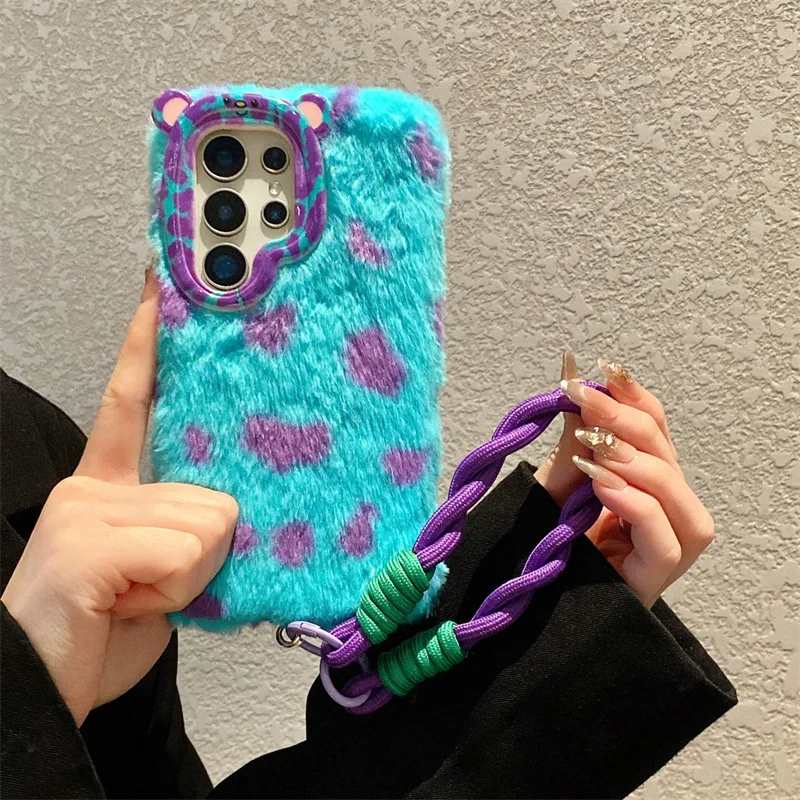 Leopard Print Plush Phone Case with Wrist Strap and Shockproof Cover