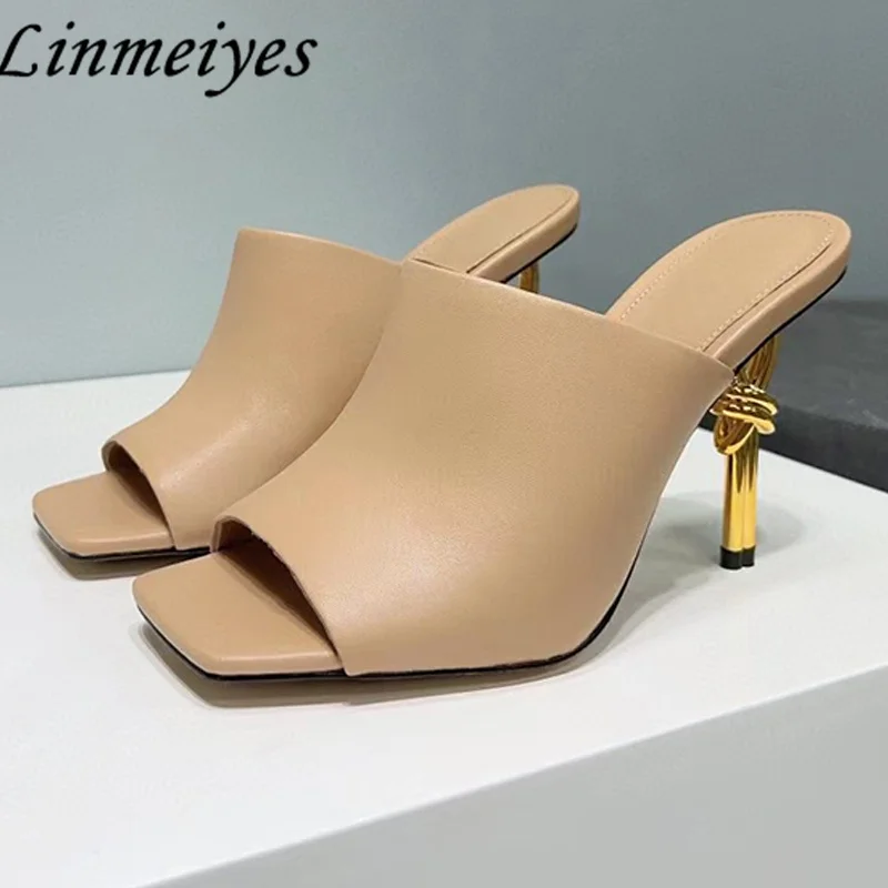 

New High Heels Slippers Women Genuine Leather Square Toe Peep Toe Mules Shoes Summer Modern Strange Style Heels Slippers Woman