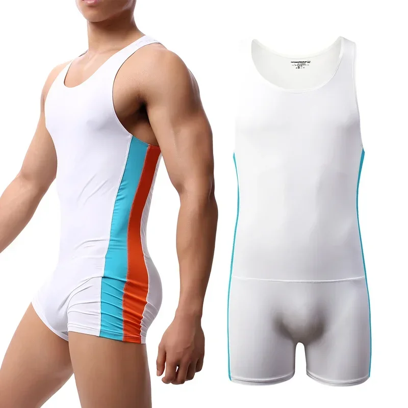 Men Undershirts Leotard Sports Workout Bodysuit Shorts Wrestling Singlet Fitness Jumpsuit Sexy Slip Ice Silk Underwear Swimwear