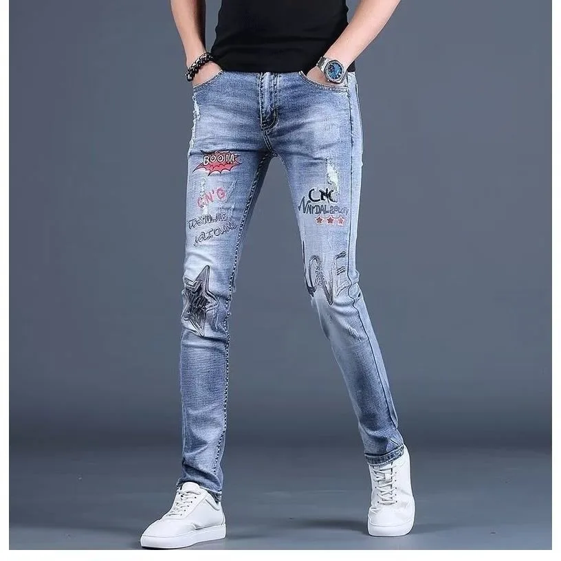 

High Quality Men’s Classic Style Blue Denim Pants,Star&Love Embroidery Decors Slim Jeans,Scratches Street Fashion Sexy Pants;