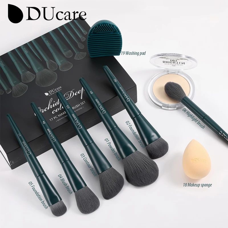DUcare 전문가용 메이크업 브러시 17개 세트, 얼굴/눈: 파운데이션, 컨실러, 컨투어, 하이라이터, 파우더 ? 스펀지+세척패드, 그린, 여성용, 여행용 ? 합성모