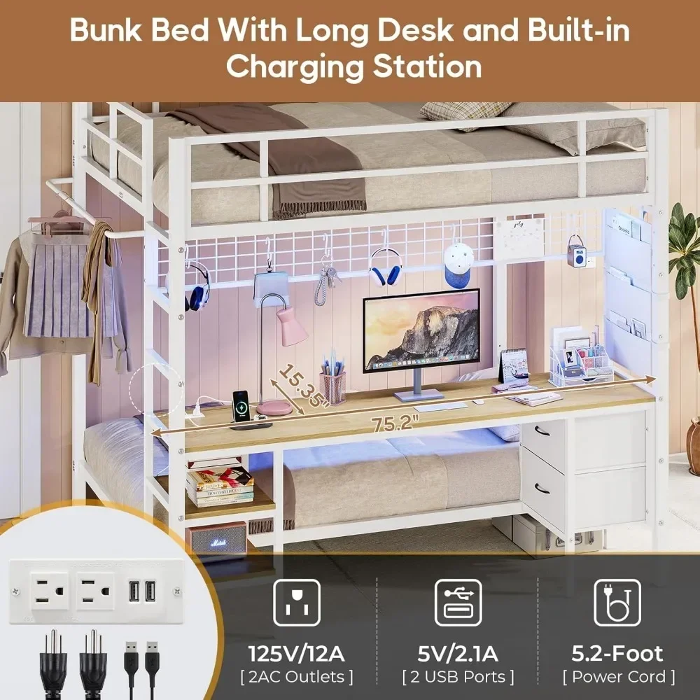 Full Over Twin Size Bunk Bed with Desk and Led Lights Storage Shelves and Drawers for Teen & Adults,Safety Guard Ladder Bunk Bed 4