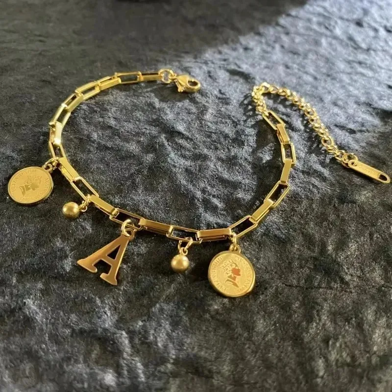Luxury Stainless Steel Bracelet Golden Queen Coin 26 Letters Pendant Chains Accessories for Women Simple Jewelry Gift