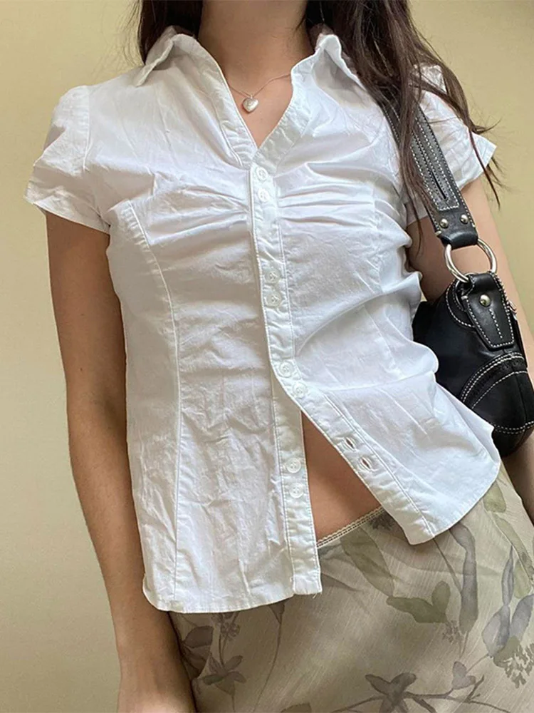 White Tie Up T Shirt y2k Women Short Sleeve Turn Down Collar Button Crop Top Vintage Harajuku Korean Tee Summer Casual 2