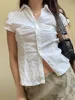 White Tie Up T Shirt y2k Women Short Sleeve Turn Down Collar Button Crop Top Vintage Harajuku Korean Tee Summer Casual 2