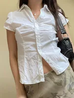 White Tie Up T Shirt y2k Women Short Sleeve Turn Down Collar Button Crop Top Vintage Harajuku Korean Tee Summer Casual 2
