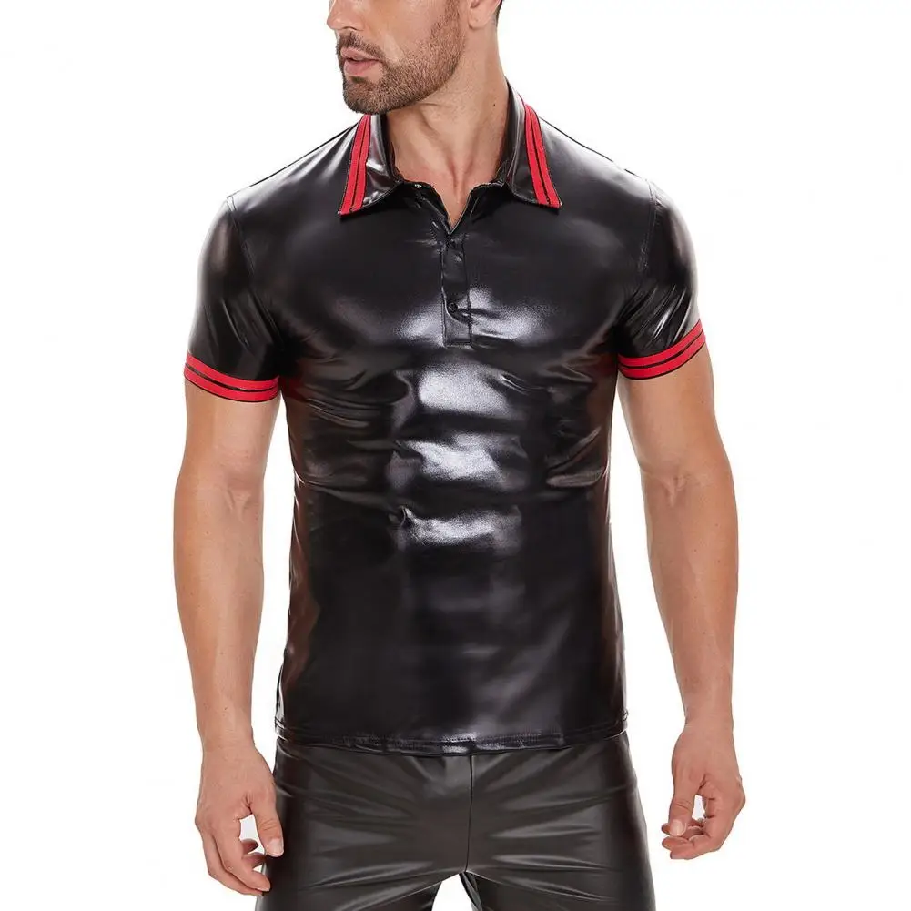 Summer Men Top Smooth Faux Leather Turn-down Collar Short Sleeves Men Shirt Solid Color Striped Mid Length Male Top For Club 12 S91d1687b71754dbe908dbef4bb38cd12k
